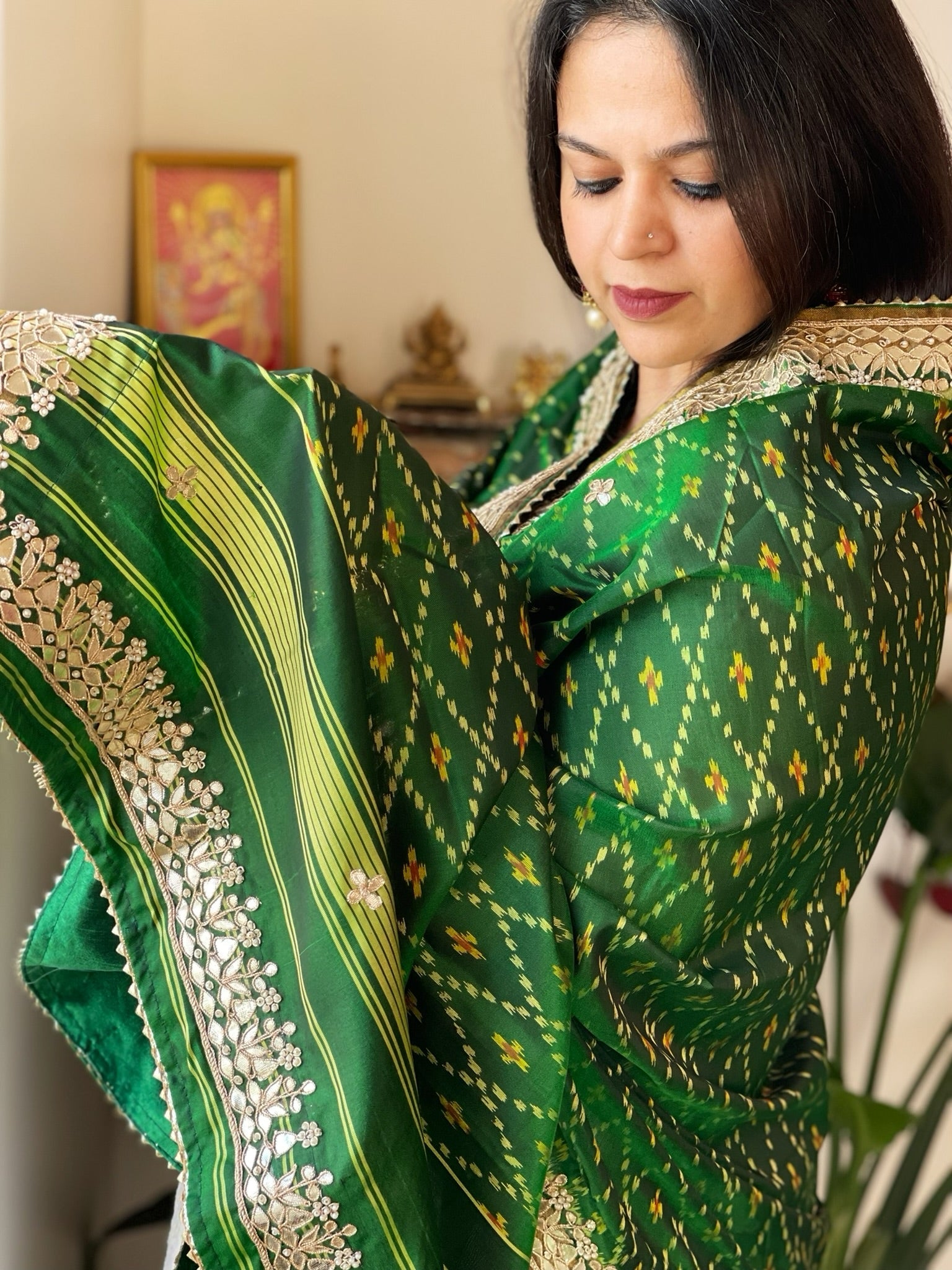 Green Handwoven Rajkot Patola with Gotapatti Handwork in Pure Silk - Masakalee