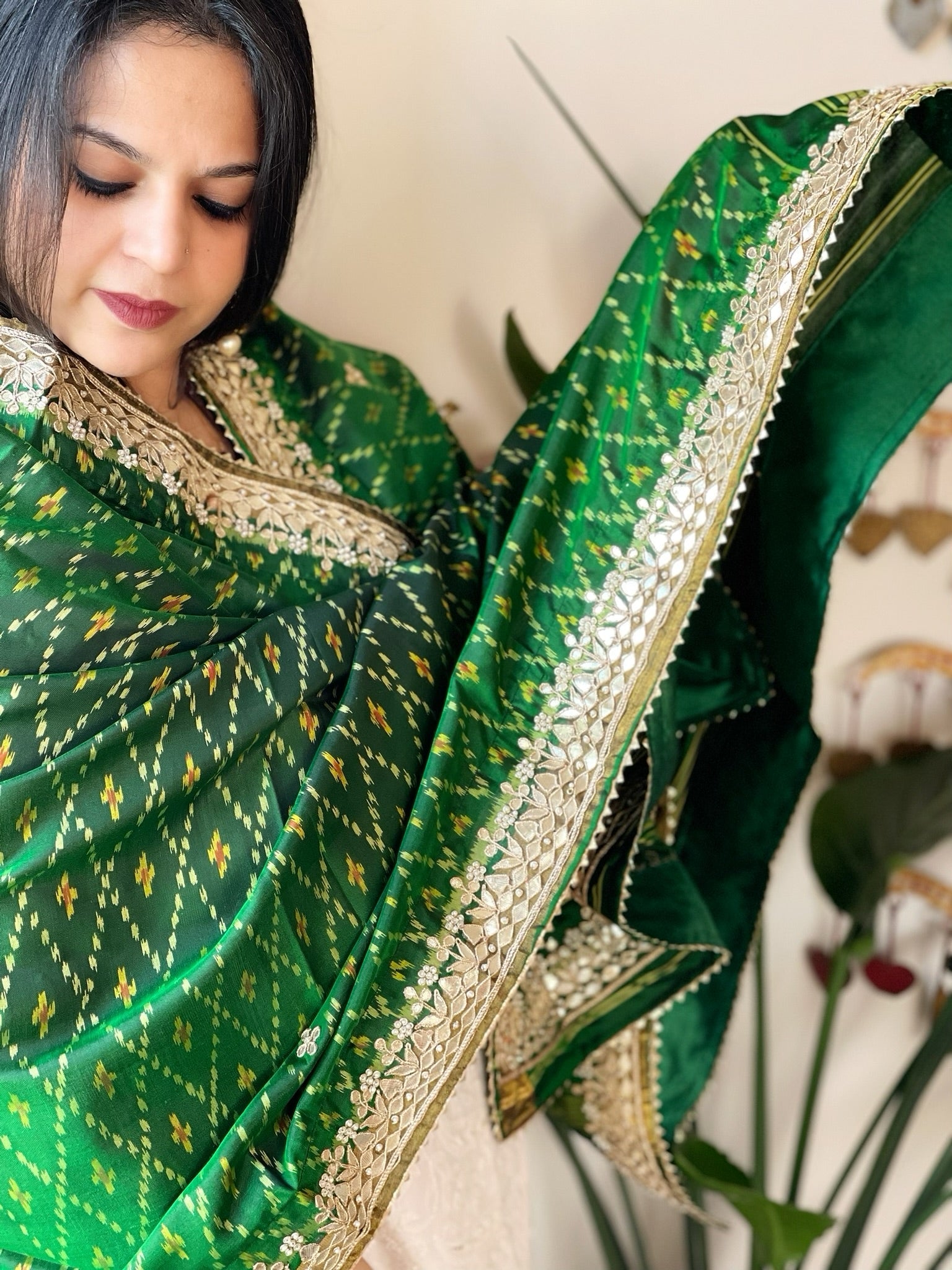 Green Handwoven Rajkot Patola with Gotapatti Handwork in Pure Silk - Masakalee