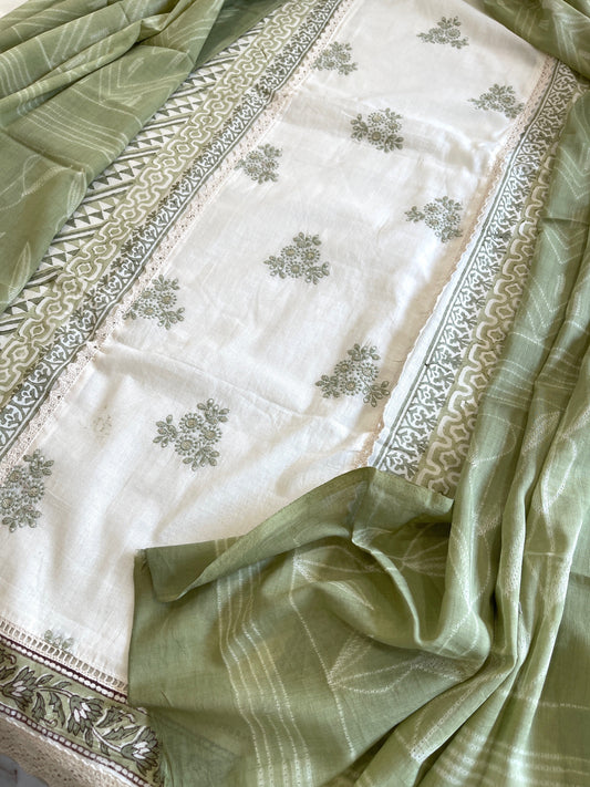 Green, Ivory Handblock Printed Embroidered Suit Set with Lace Detailing in Pure Cotton - Masakalee