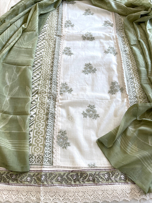 Green, Ivory Handblock Printed Embroidered Suit Set with Lace Detailing in Pure Cotton - Masakalee
