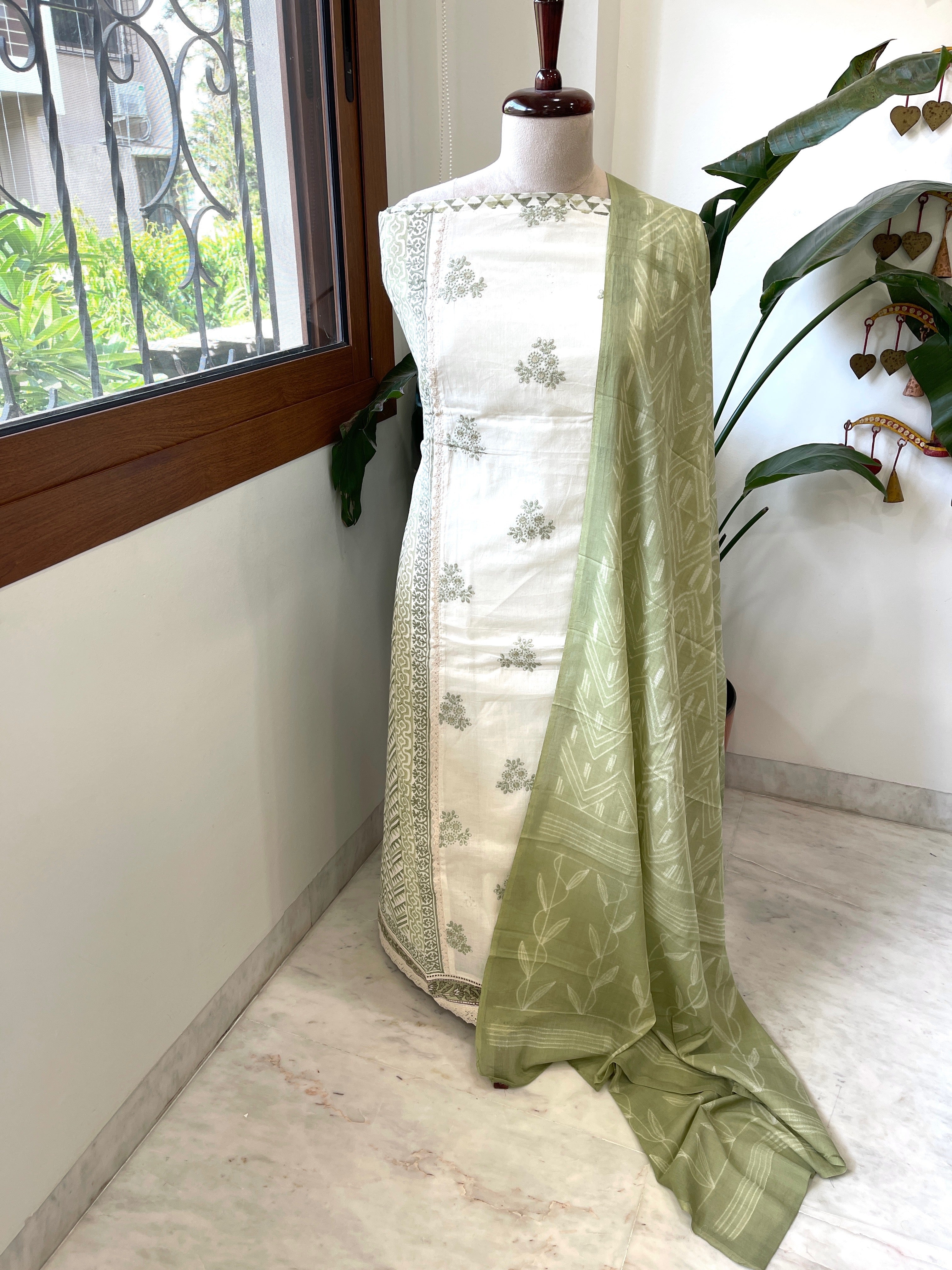 Green, Ivory Handblock Printed Embroidered Suit Set with Lace Detailing in Pure Cotton - Masakalee