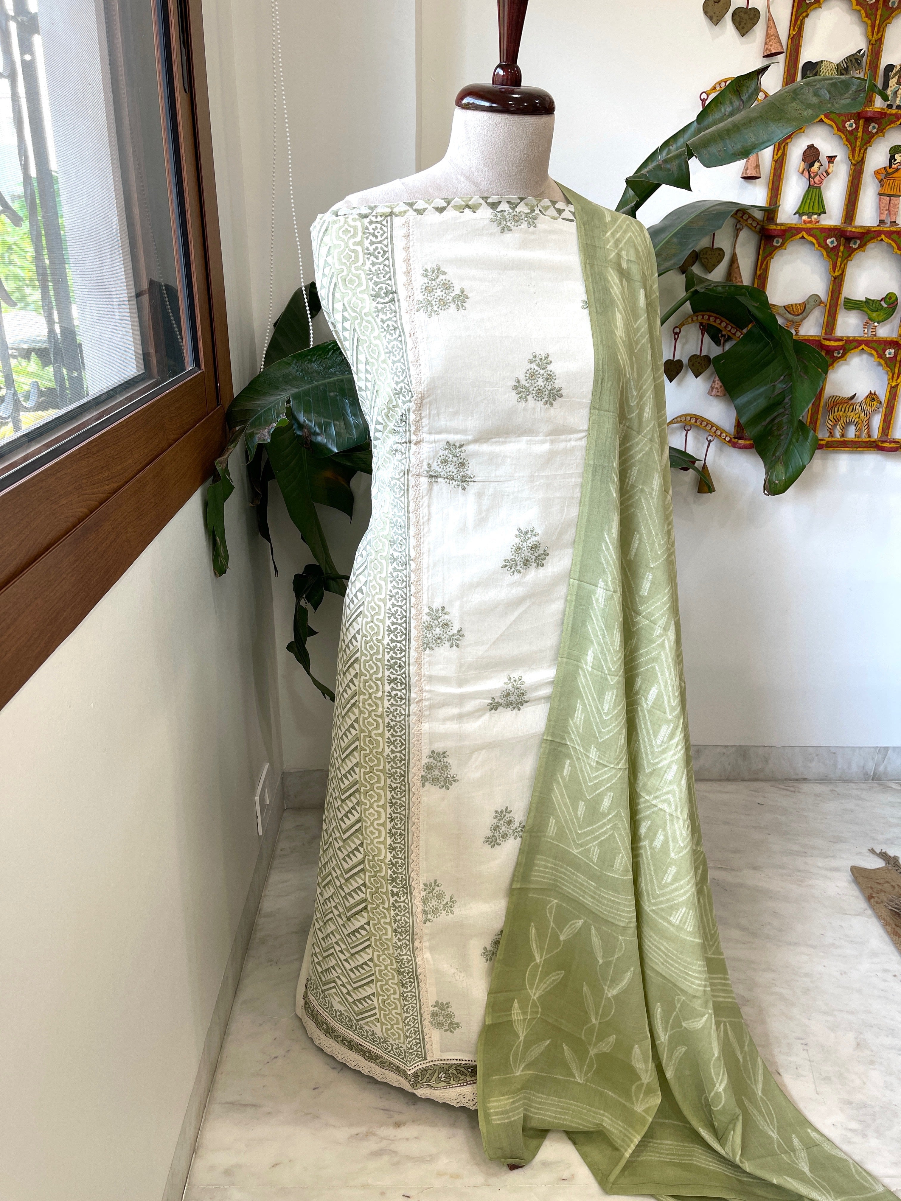 Green, Ivory Handblock Printed Embroidered Suit Set with Lace Detailing in Pure Cotton - Masakalee