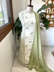 Green, Ivory Handblock Printed Embroidered Suit Set with Lace Detailing in Pure Cotton - Masakalee