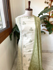 Green, Ivory Handblock Printed Embroidered Suit Set with Lace Detailing in Pure Cotton - Masakalee