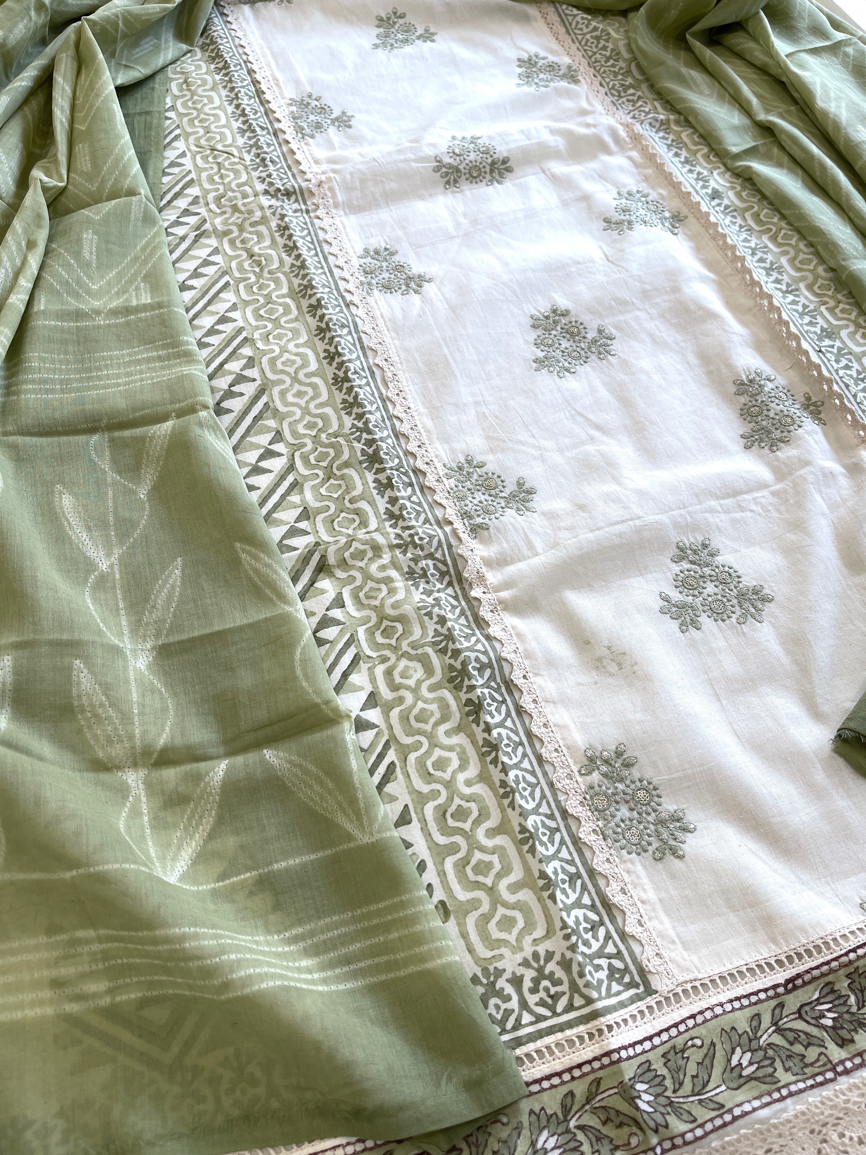 Green, Ivory Handblock Printed Embroidered Suit Set with Lace Detailing in Pure Cotton - Masakalee