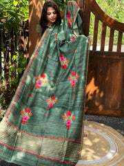 Green Kashmiri Aari Embroidered Dupatta in Geecha Silk - Masakalee