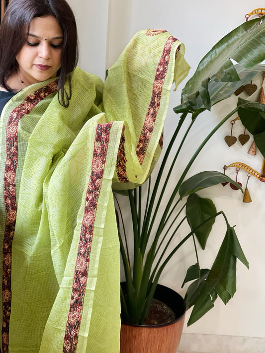 Green Kota Cotton Dupatta with Kantha Hand Embroidery - Masakalee