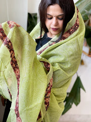 Green Kota Cotton Dupatta with Kantha Hand Embroidery - Masakalee
