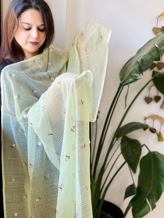 Green Kota Cotton Dupatta with Thread Embroidery - Masakalee