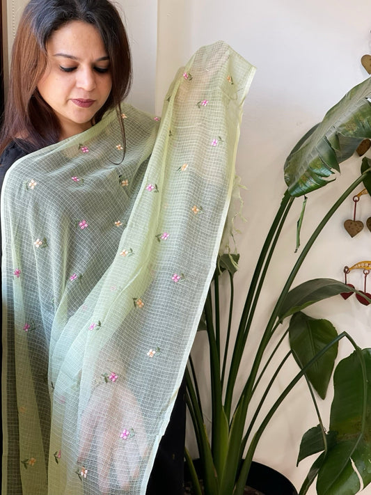 Green Kota Cotton Dupatta with Thread Embroidery - Masakalee