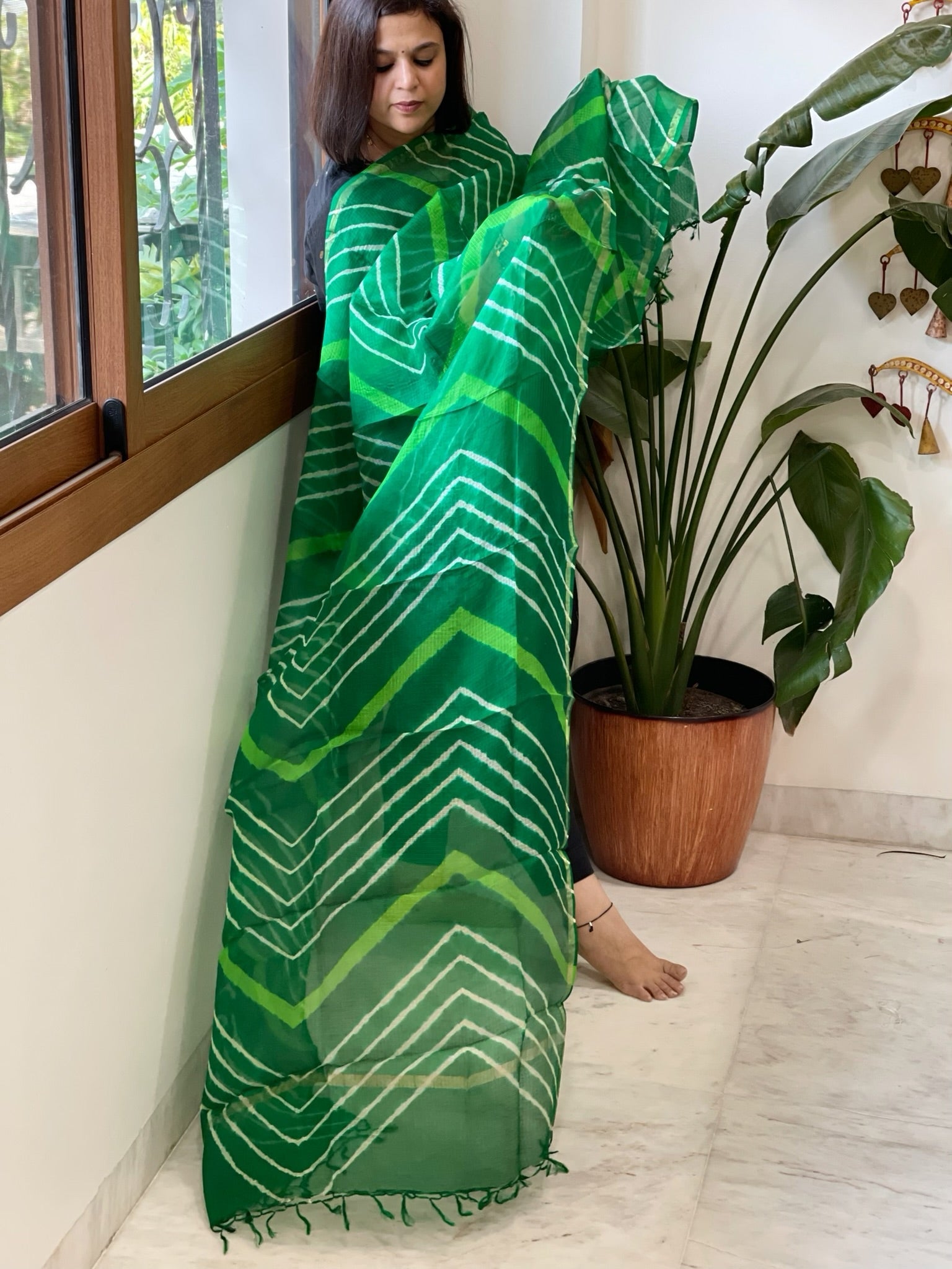 Green Kota Silk Leheriya Dupatta - Masakalee