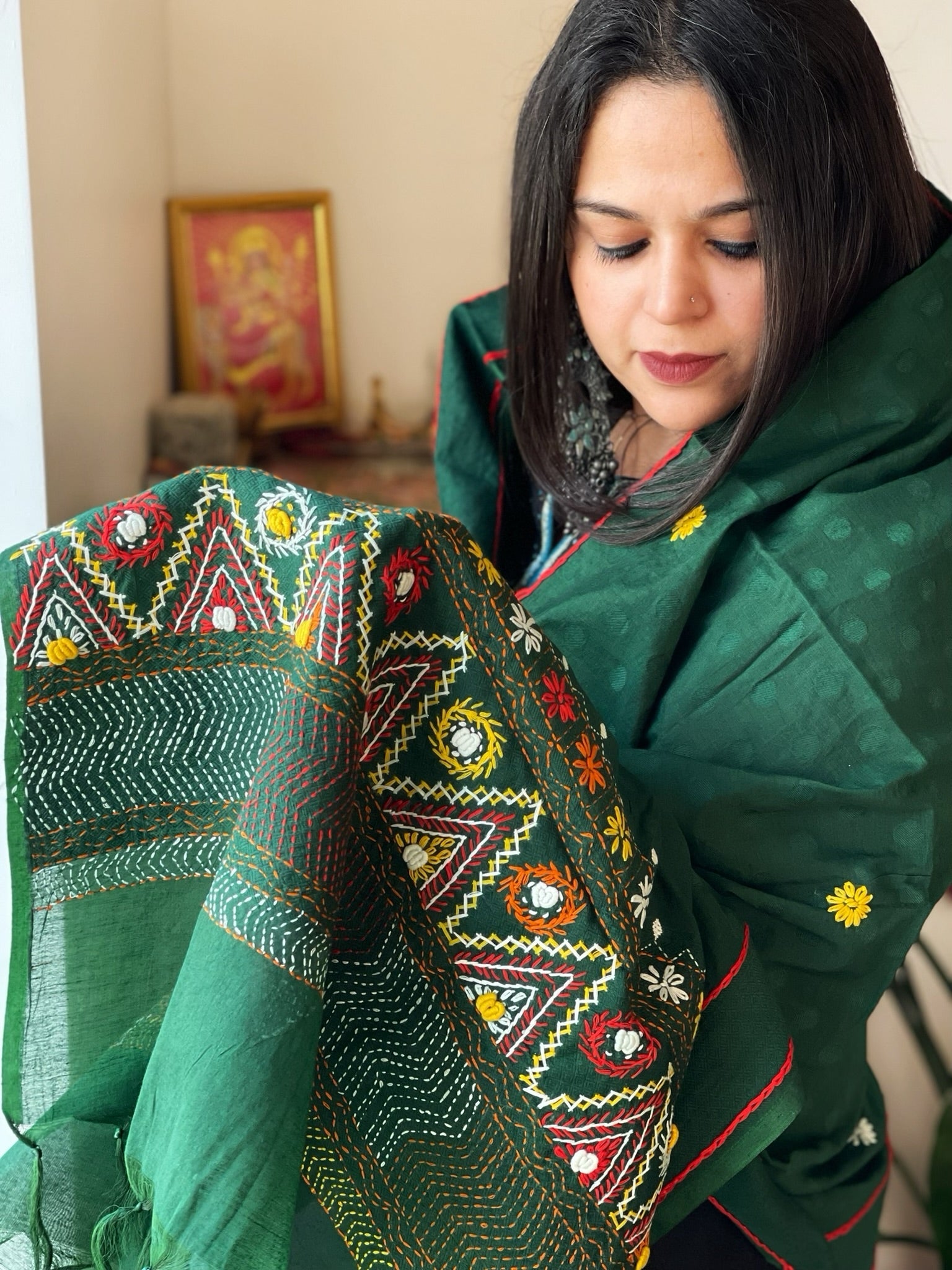 Green Lambani Handwork Dupatta with Self in Pure Handwoven Cotton - Masakalee