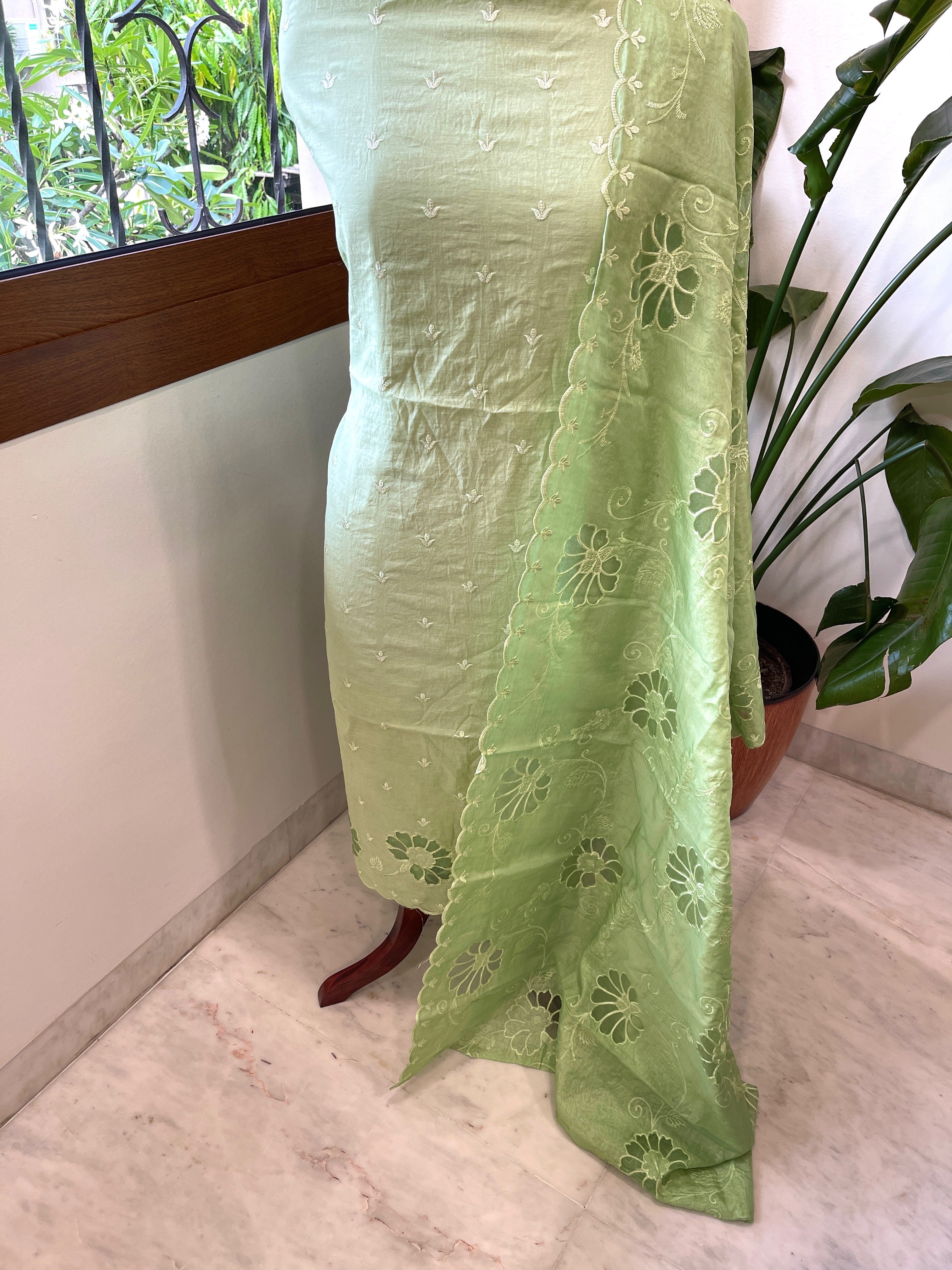 Green Mul Chanderi Suit Set with Cut Work - Masakalee