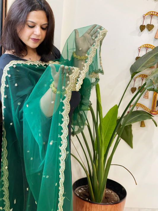 Green Net Dupatta with Pearl, Sequin and Cut Daana Embroidery - Masakalee