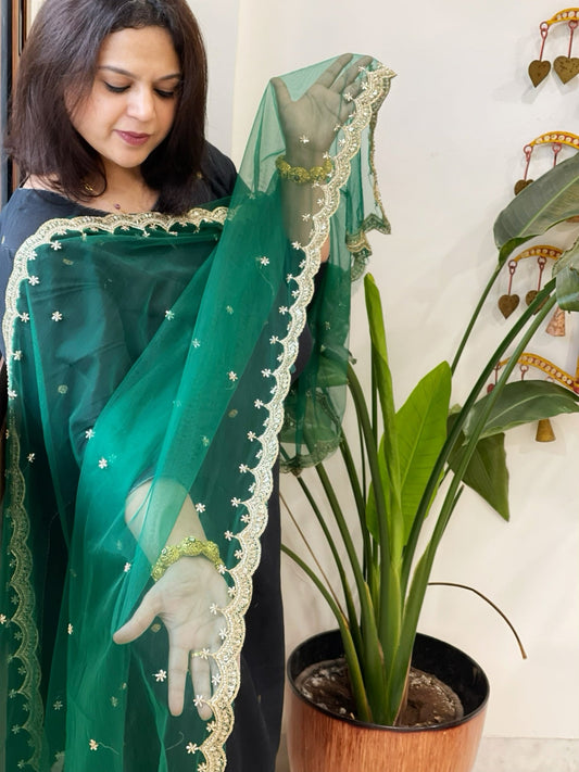 Green Net Dupatta with Pearl, Sequin and Cut Daana Embroidery - Masakalee