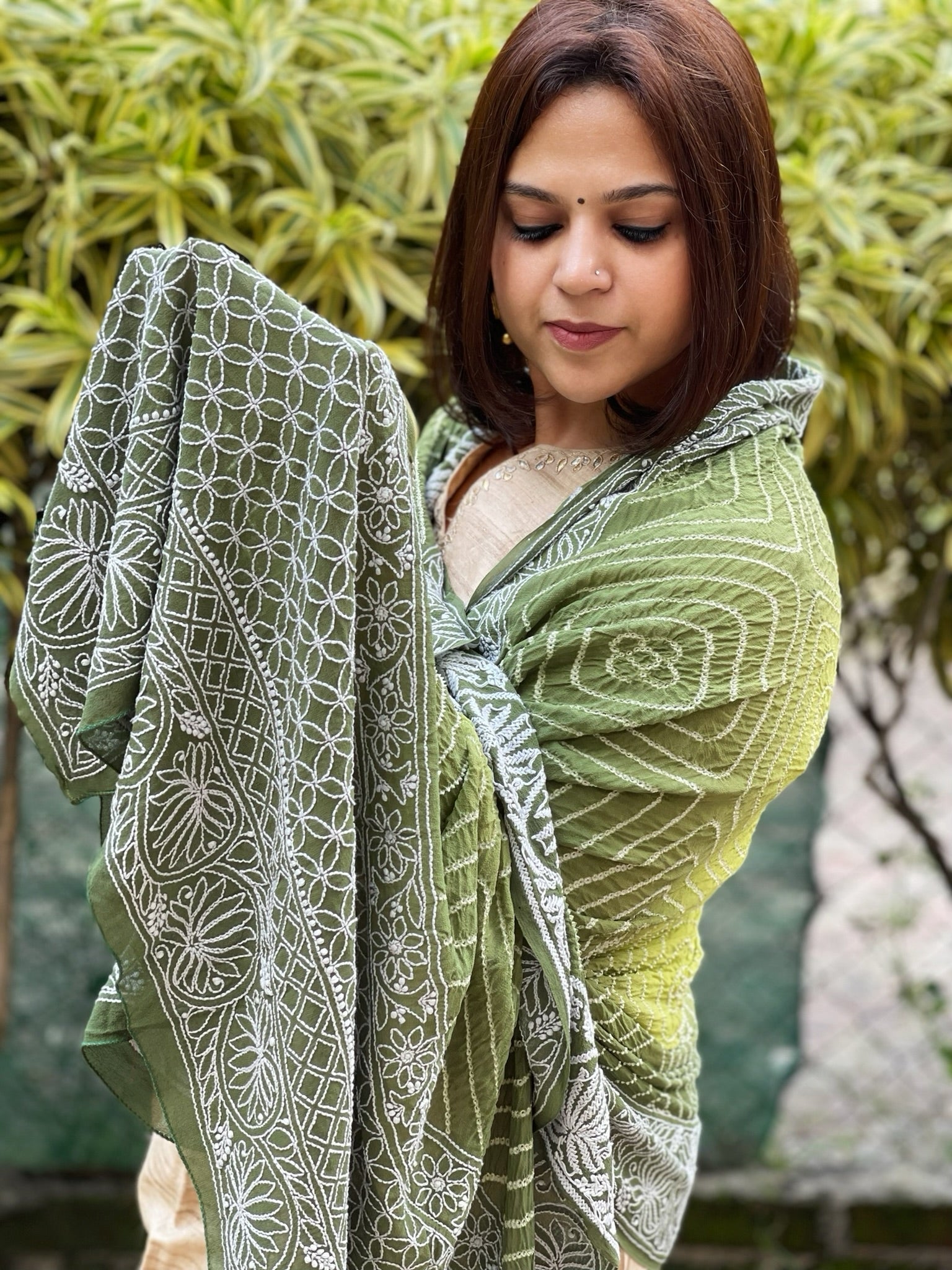 Green, Olive Green Rai Bandhej Dupatta with Lucknowi Handwork in Pure Georgette - Masakalee