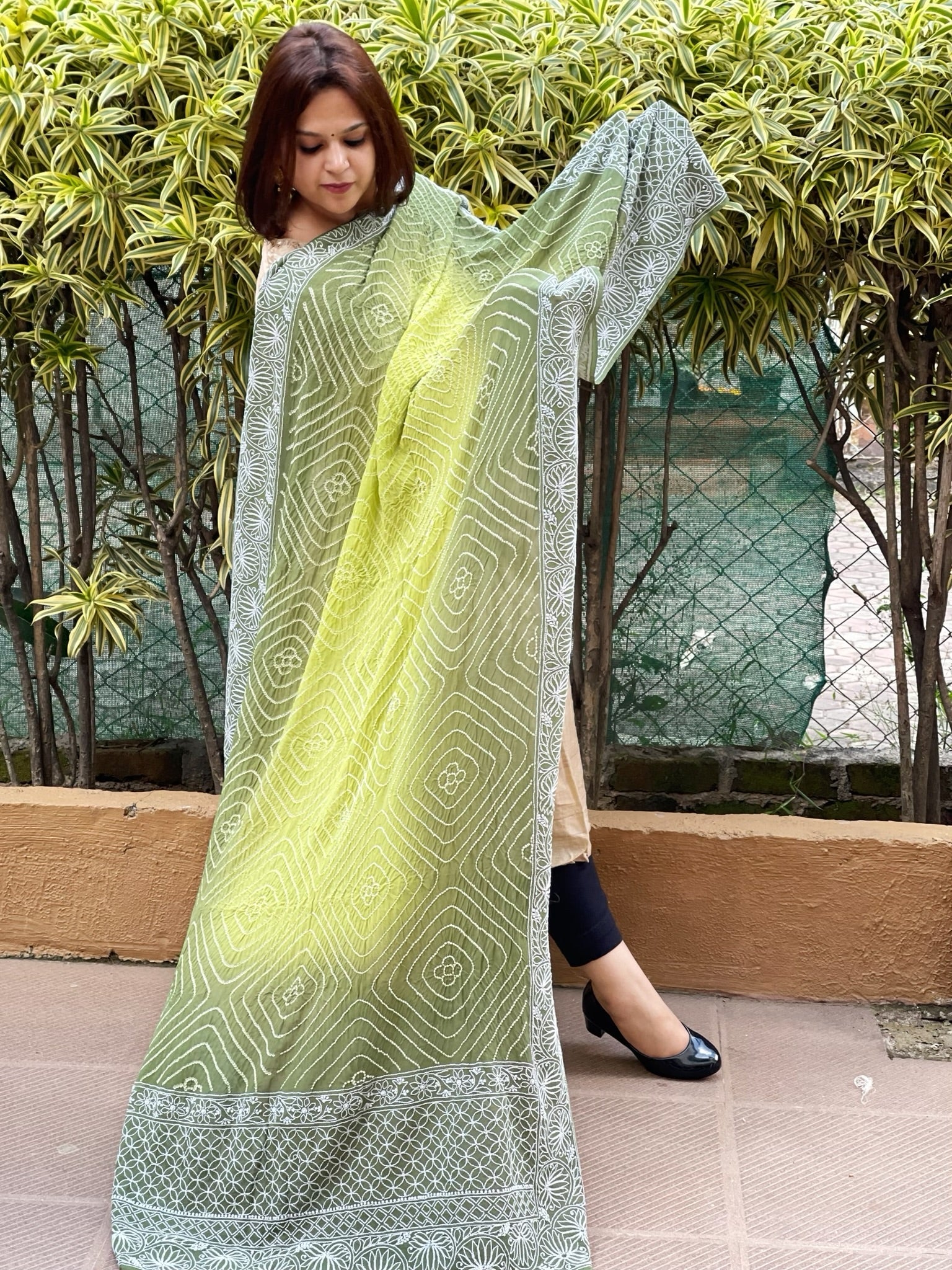 Green, Olive Green Rai Bandhej Dupatta with Lucknowi Handwork in Pure Georgette - Masakalee