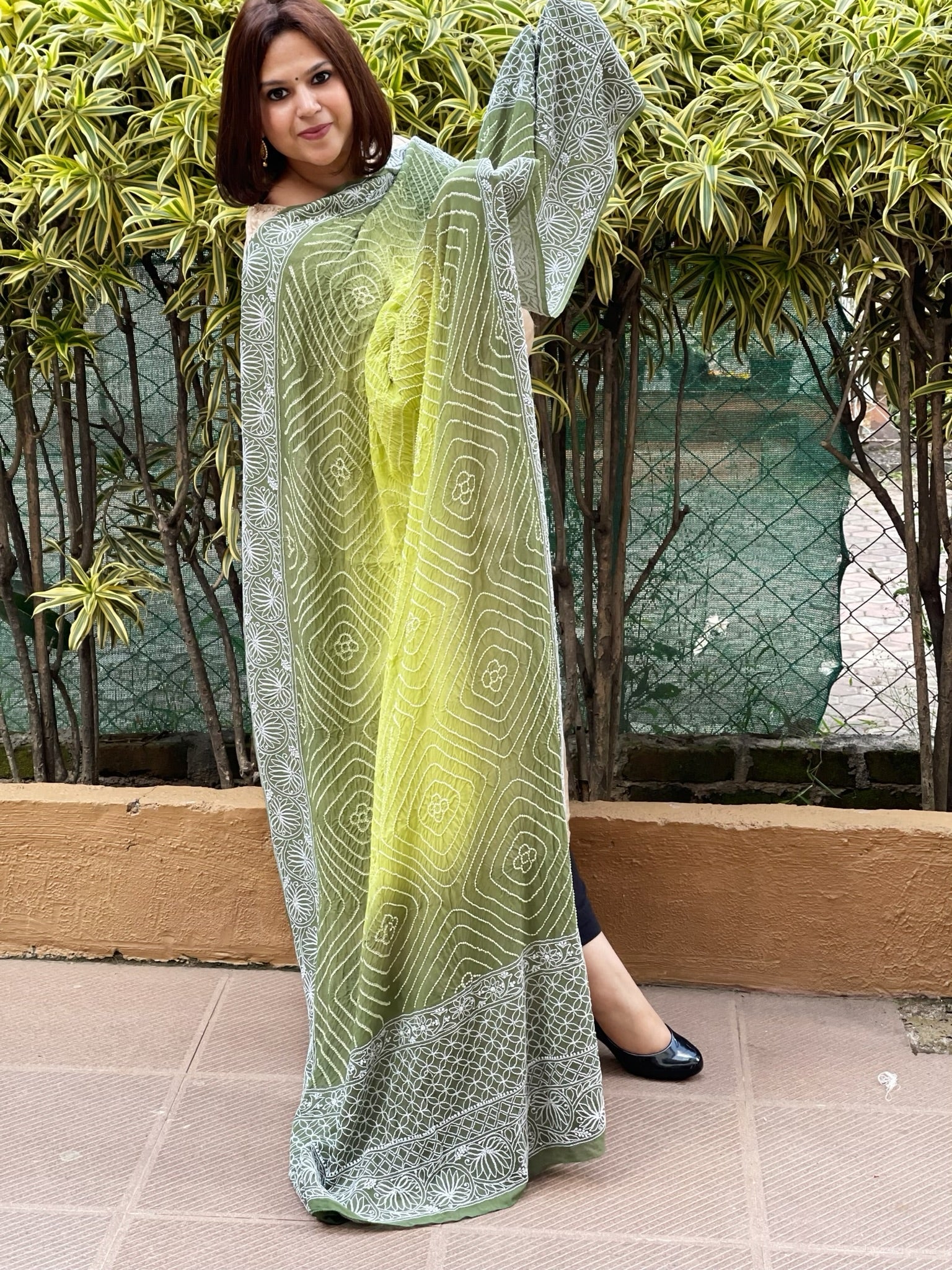 Green, Olive Green Rai Bandhej Dupatta with Lucknowi Handwork in Pure Georgette - Masakalee
