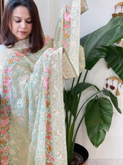 Green Parsi Gara Embroidery Dupatta in Georgette - Masakalee