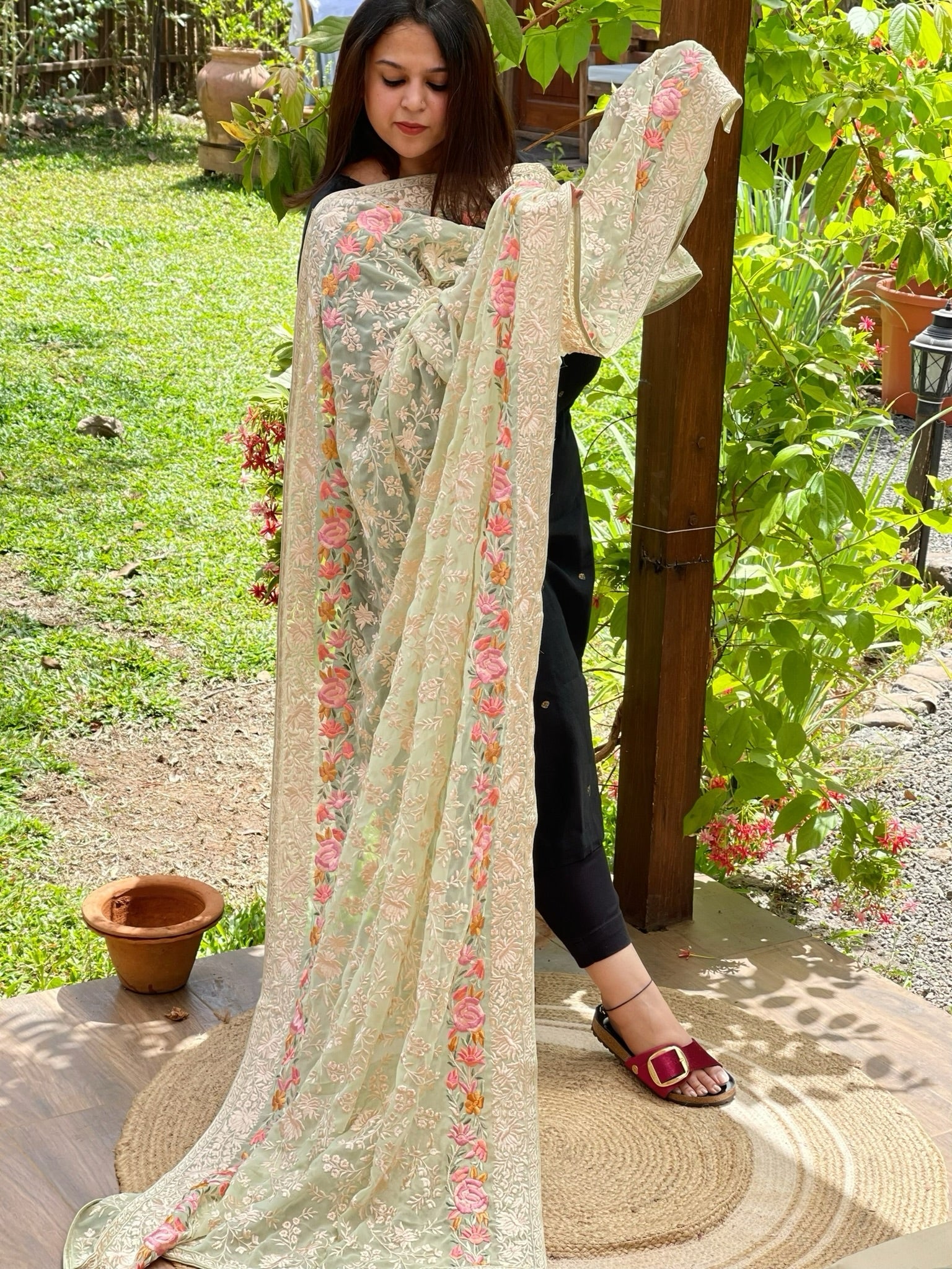 Green Parsi Gara Embroidery Dupatta in Georgette - Masakalee