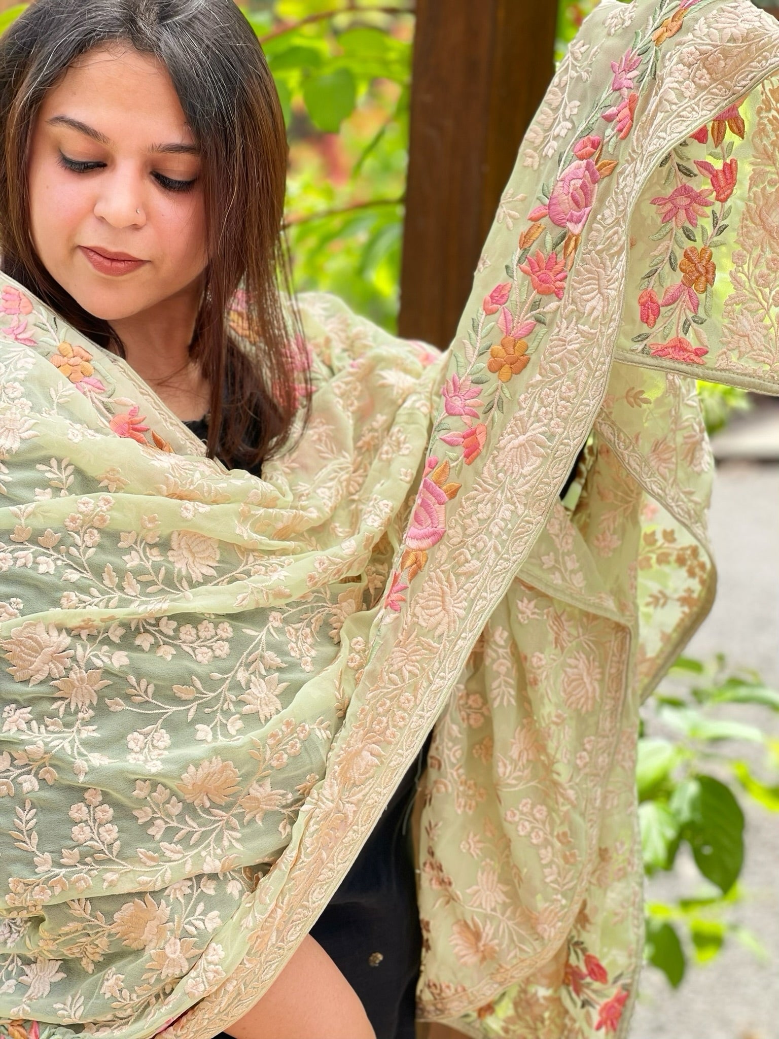 Green Parsi Gara Embroidery Dupatta in Georgette - Masakalee