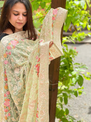 Green Parsi Gara Embroidery Dupatta in Georgette - Masakalee