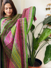 Green, Pink Handmade Kantha Dupatta in Silk - Masakalee