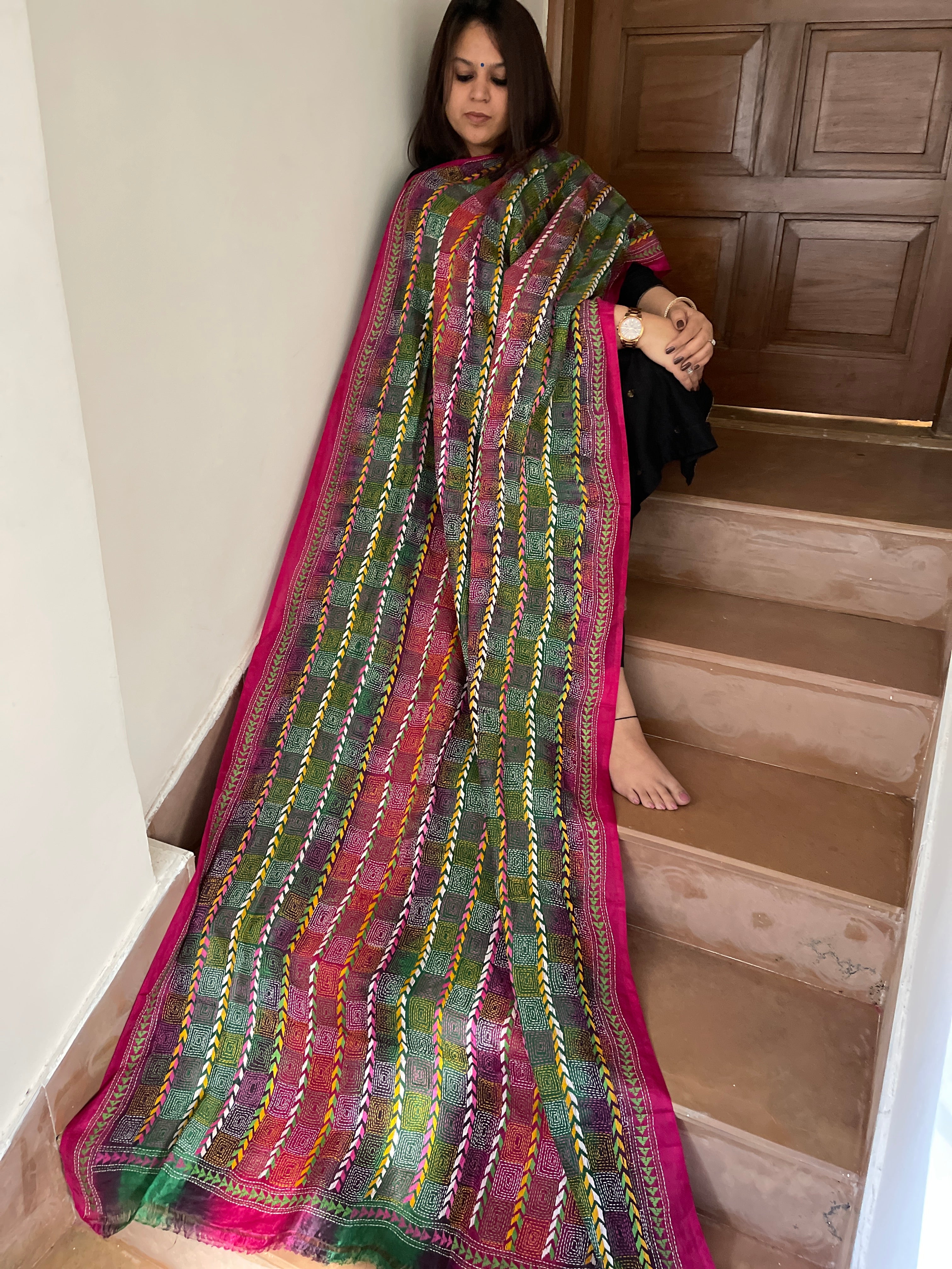 Green, Pink Handmade Kantha Dupatta in Silk - Masakalee
