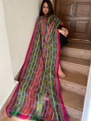 Green, Pink Handmade Kantha Dupatta in Silk - Masakalee