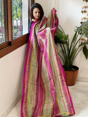Green, Pink Handmade Kantha Dupatta in Silk - Masakalee