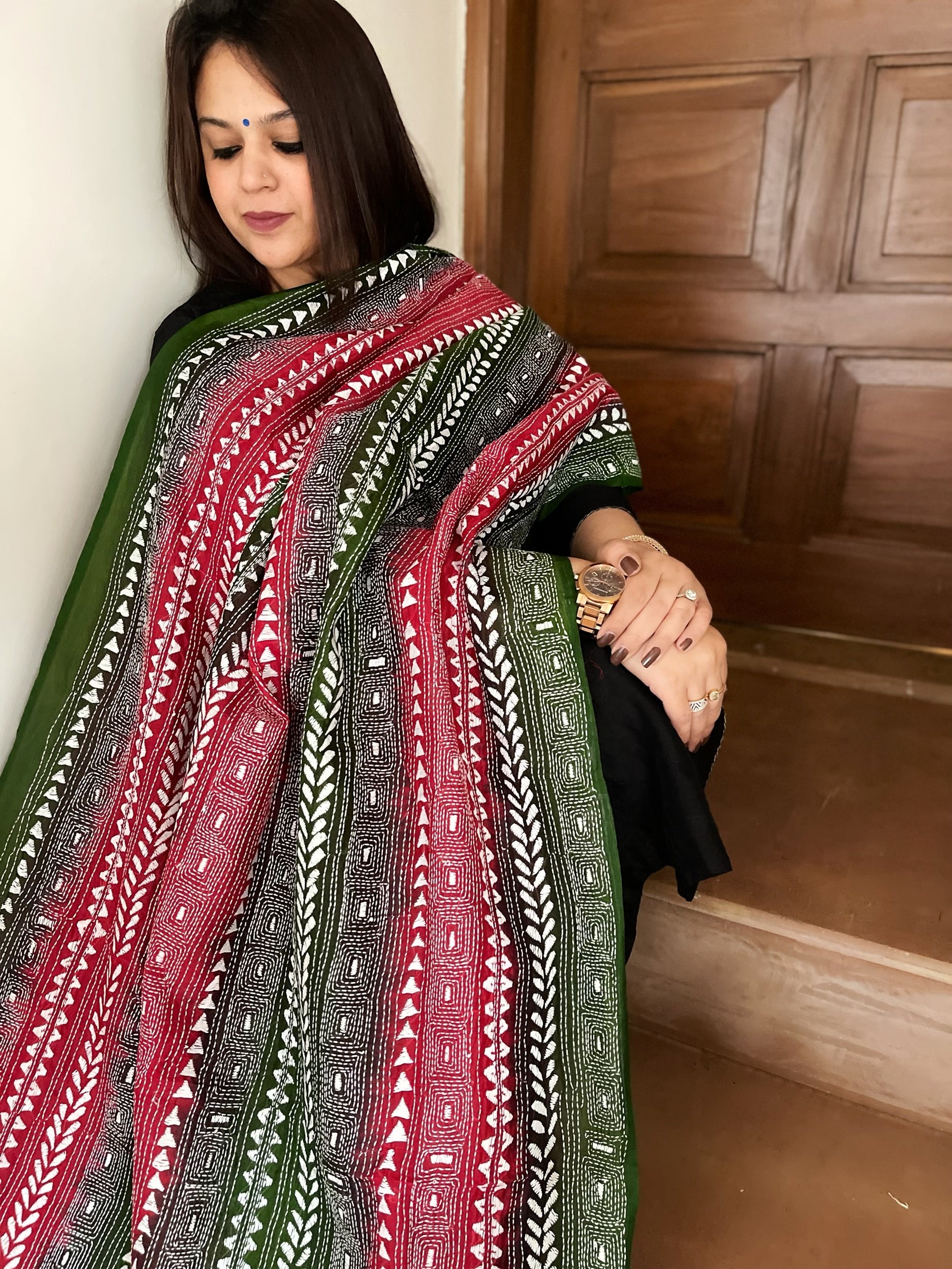 Green, Pink Handmade Kantha Dupatta in Silk - Masakalee