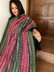 Green, Pink Handmade Kantha Dupatta in Silk - Masakalee