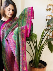 Green, Pink Handmade Kantha Dupatta in Silk - Masakalee