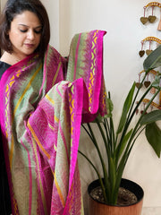 Green, Pink Handmade Kantha Dupatta in Silk - Masakalee