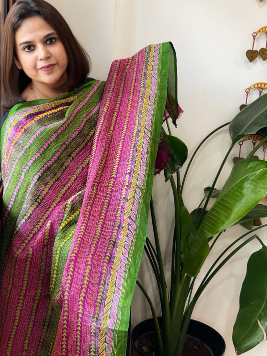 Green, Pink Handmade Kantha Dupatta in Silk - Masakalee
