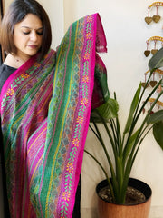 Green, Pink Handmade Kantha Dupatta in Silk - Masakalee