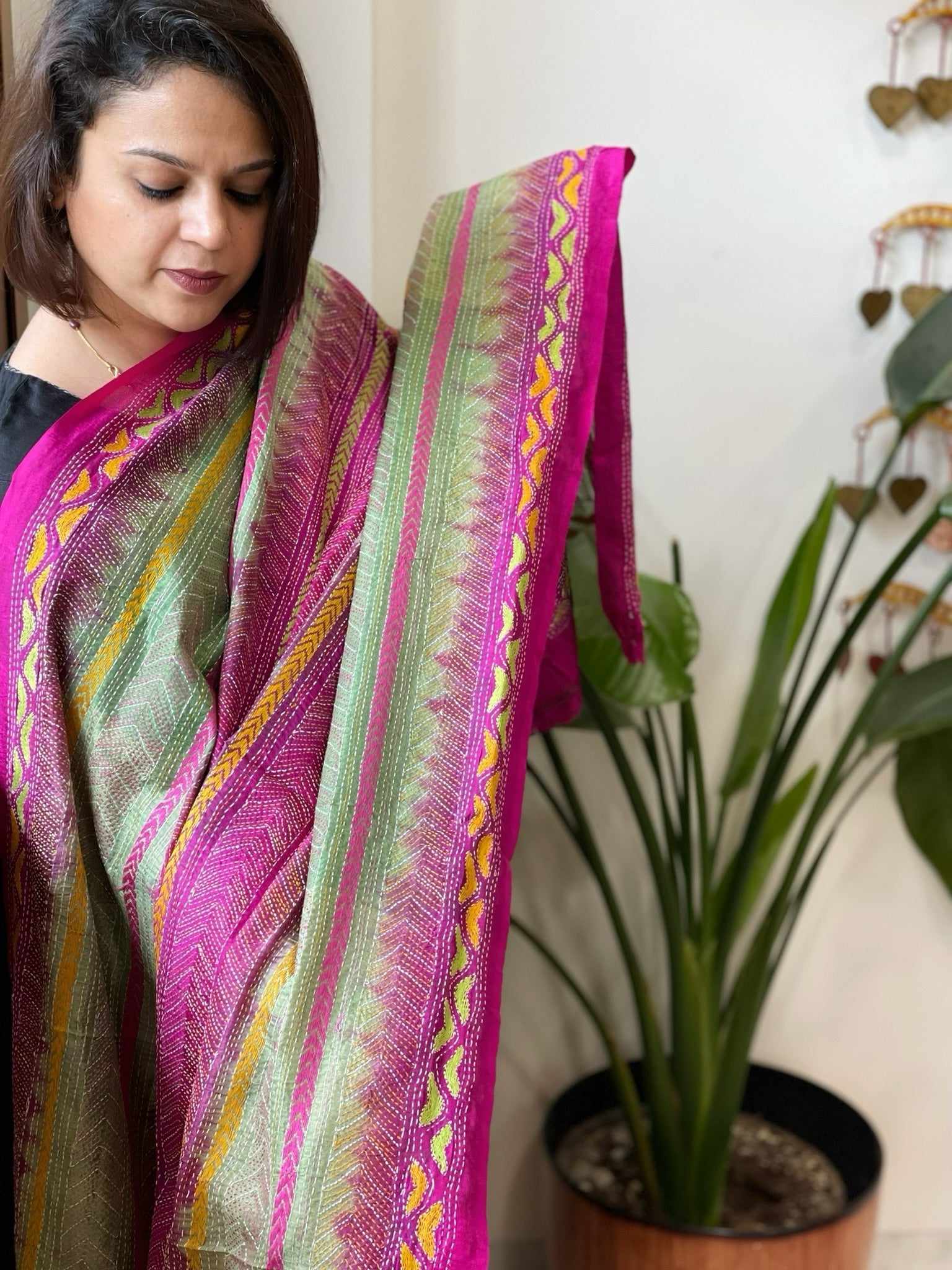 Green, Pink Handmade Kantha Dupatta in Silk - Masakalee