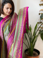Green, Pink Handmade Kantha Dupatta in Silk - Masakalee