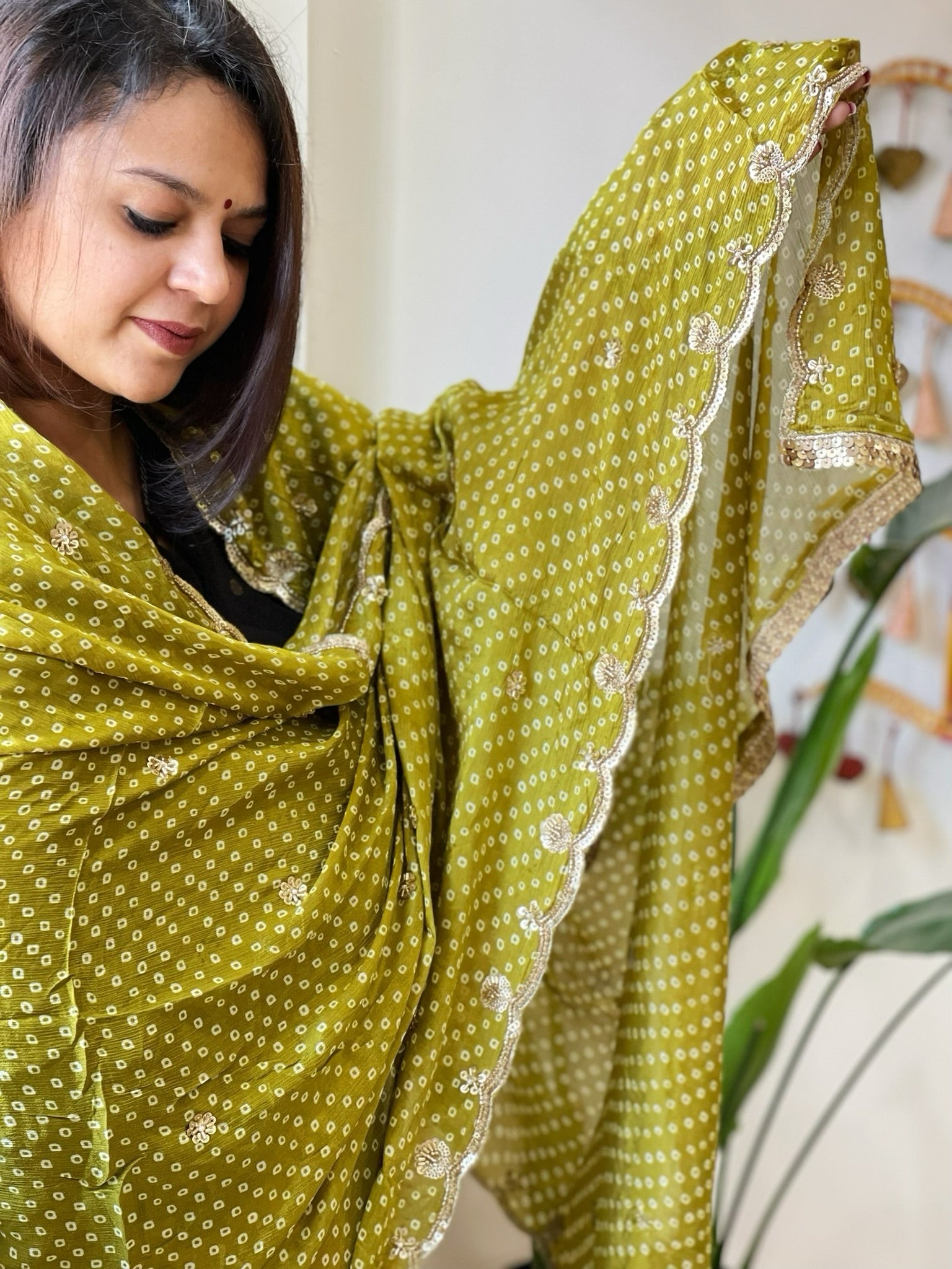 Green Printed Bandhej Chinon Dupatta with Sequin Butas and Border - Masakalee