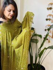 Green Printed Bandhej Chinon Dupatta with Sequin Butas and Border - Masakalee