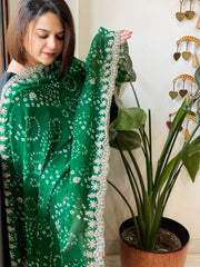Green Printed Viscose Georgette Leheriya Dupatta with Gold Thread & Sequin Embroidered Border - Masakalee