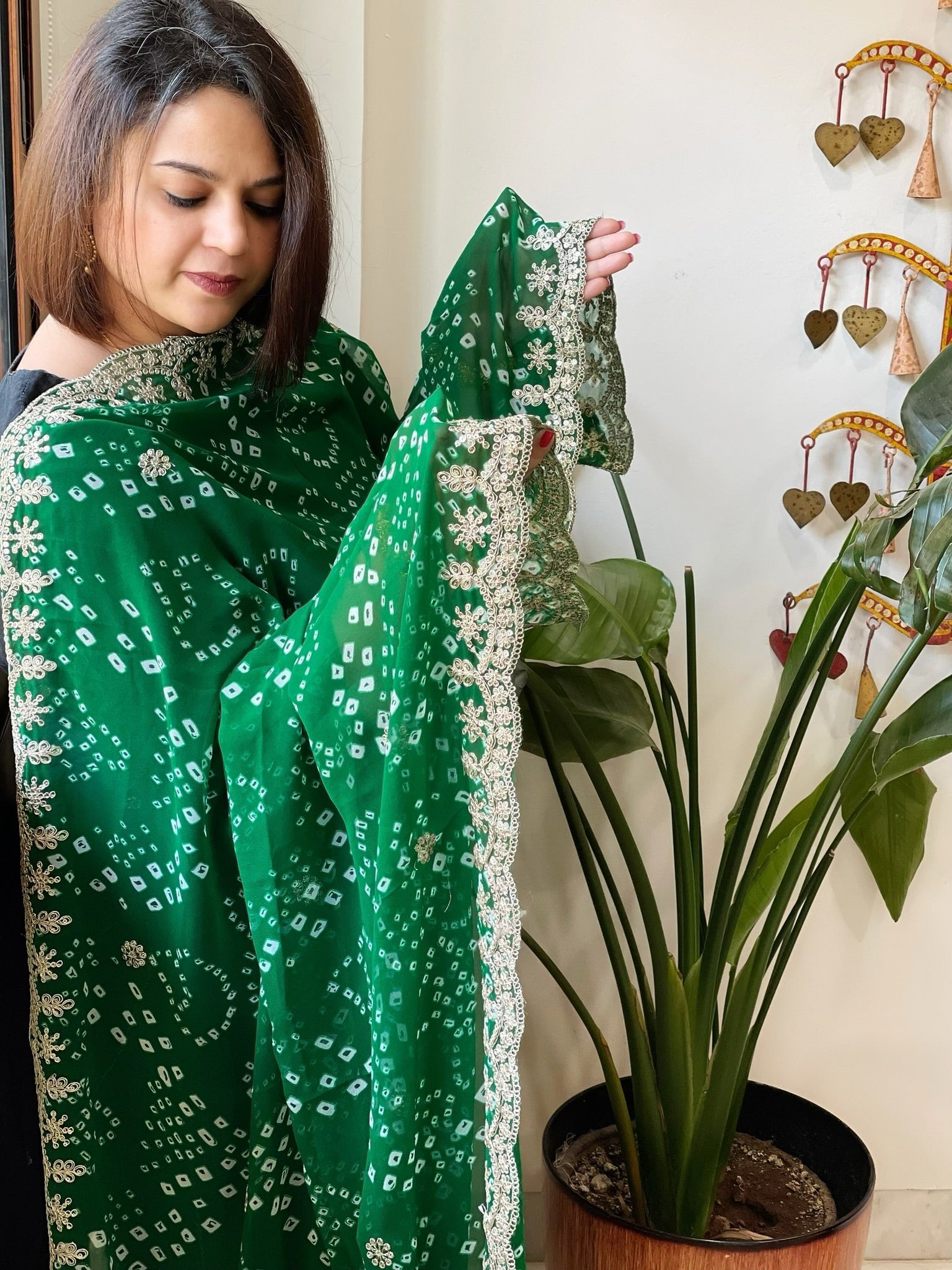 Green Printed Viscose Georgette Leheriya Dupatta with Gold Thread & Sequin Embroidered Border - Masakalee