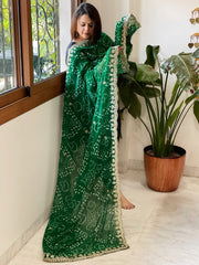 Green Printed Viscose Georgette Leheriya Dupatta with Gold Thread & Sequin Embroidered Border - Masakalee