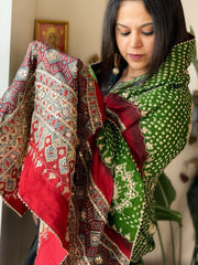 Green Rai Bandhani, Ajrakh Dupatta with Gotapatti Handwork in Gajji Silk - Masakalee