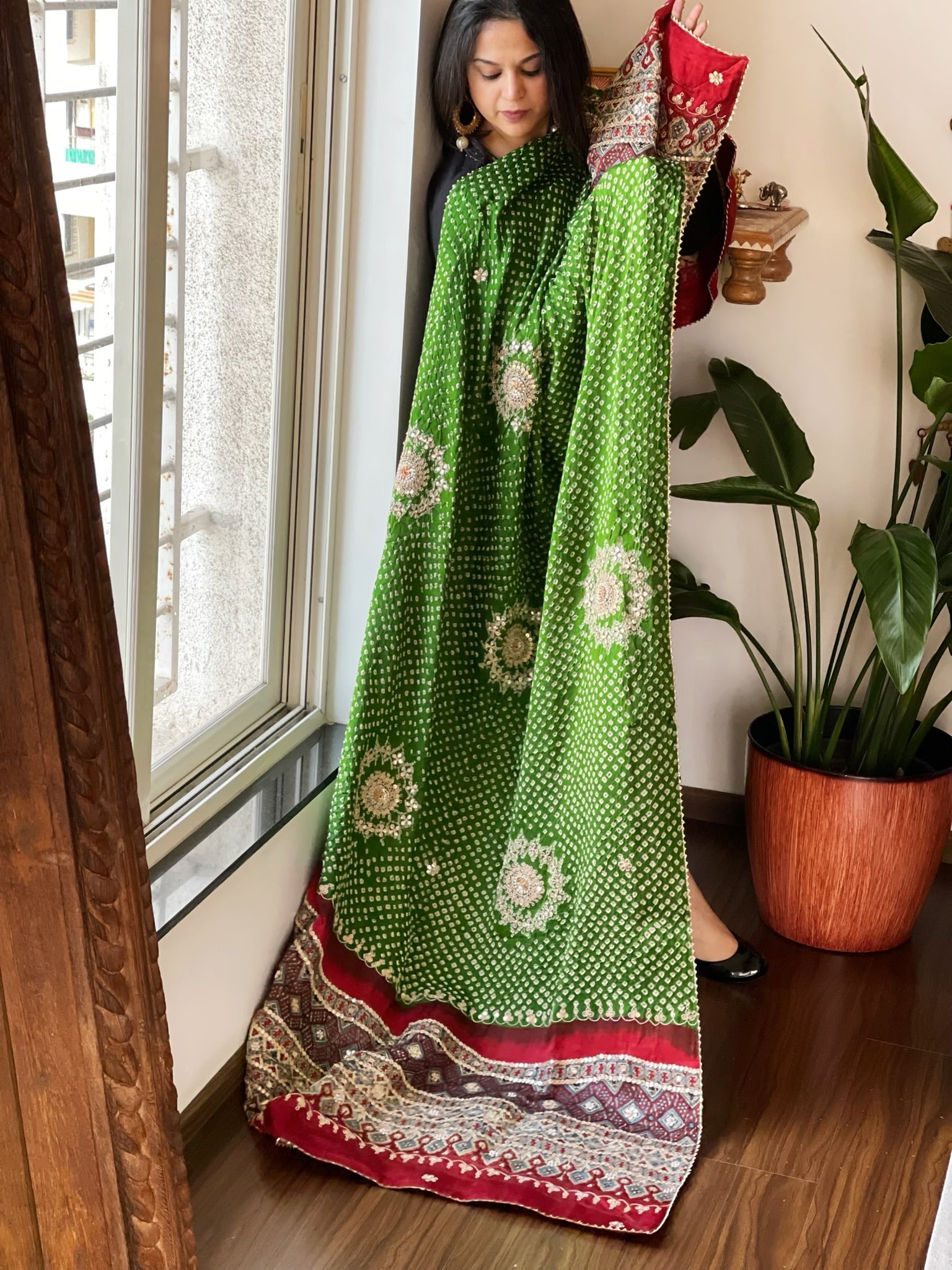 Green Rai Bandhani, Ajrakh Dupatta with Gotapatti Handwork in Gajji Silk - Masakalee