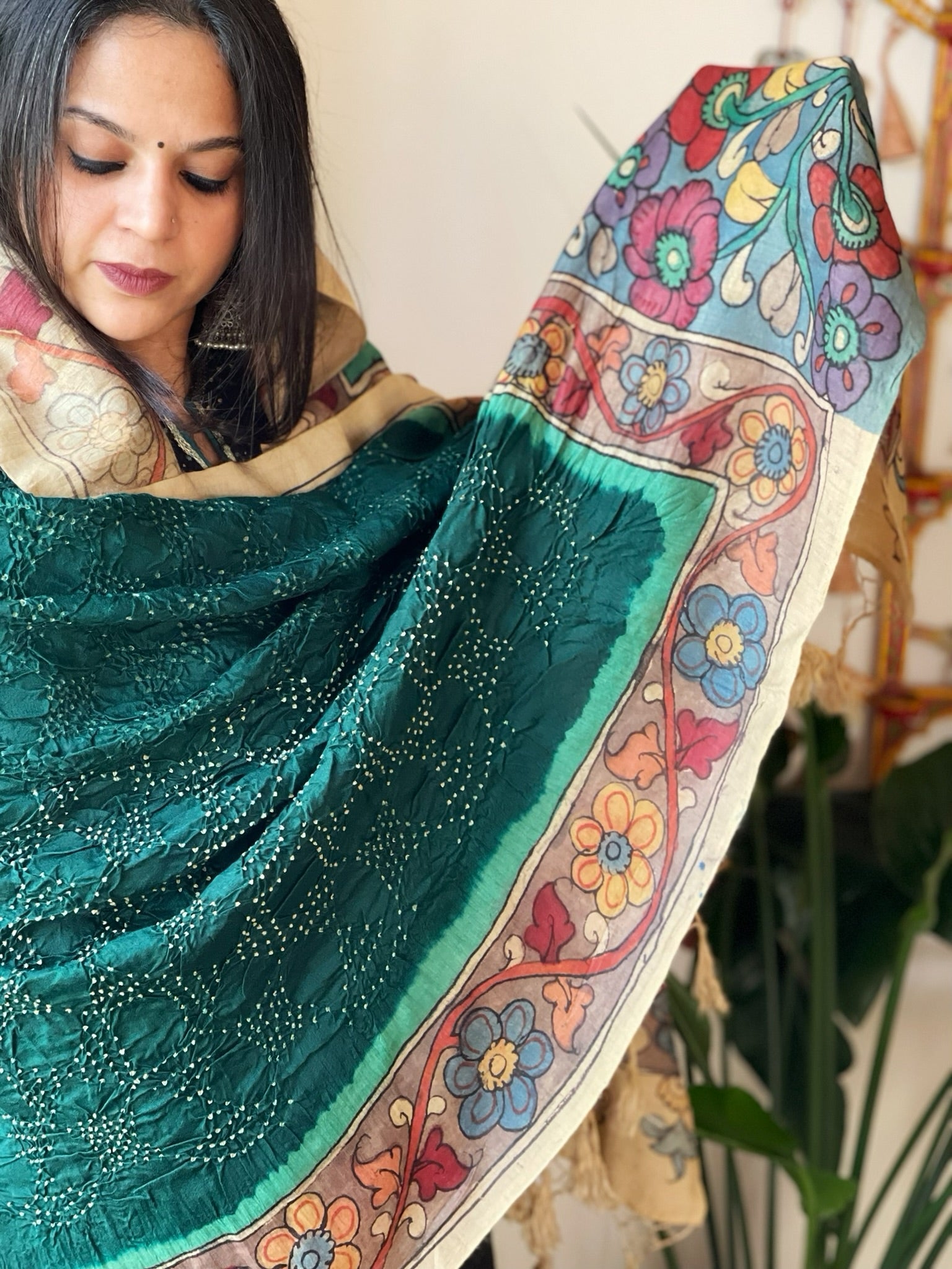 Green Rai Bandhej Dupatta with Handpainted Kalamkari Pallu in Pure Muga Silk - Masakalee