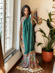Green Rai Bandhej Dupatta with Handpainted Kalamkari Pallu in Pure Muga Silk - Masakalee