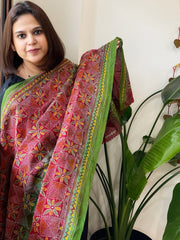 Green, Red Handmade Kantha Dupatta in Silk - Masakalee