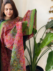 Green, Red Handmade Kantha Dupatta in Silk - Masakalee