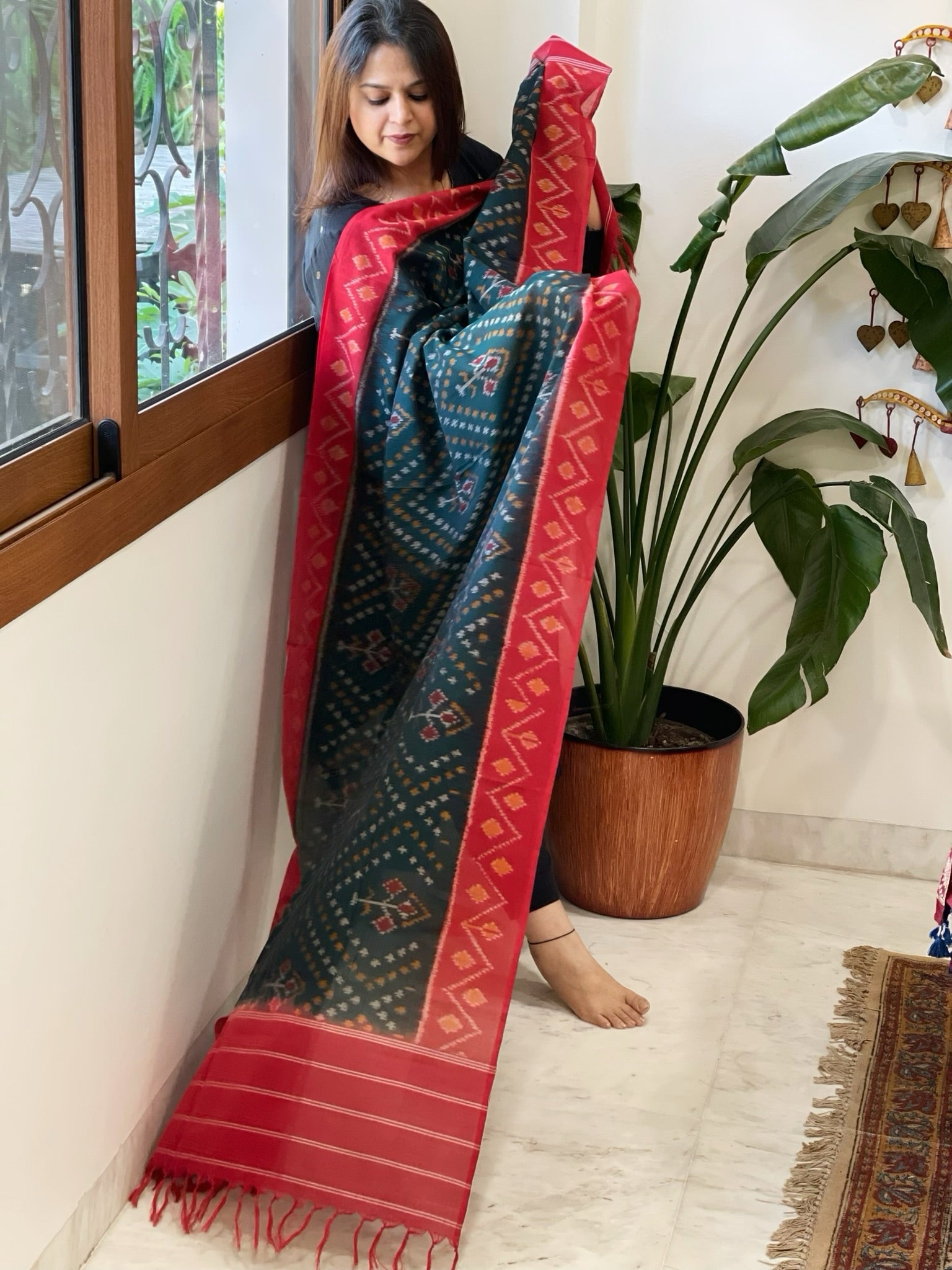 Green, Red Handwoven Ikat Dupatta in Cotton - Masakalee